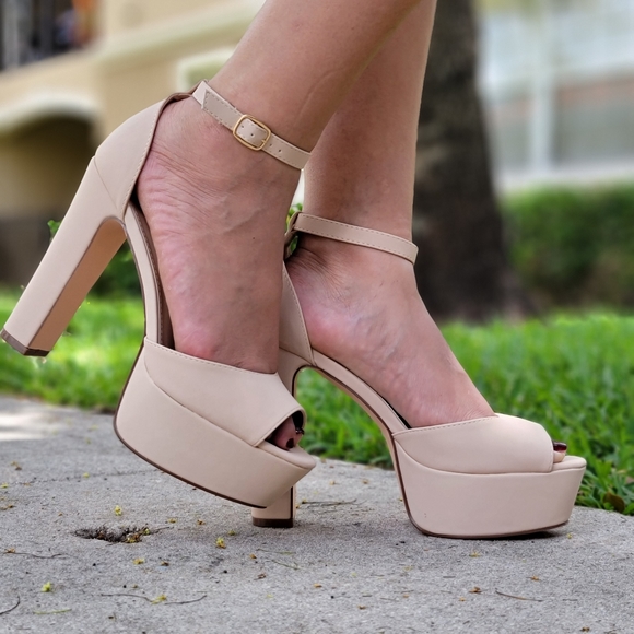 Nude High Chunky Heel Platform Ankle Strap Pump - Picture 9 of 9